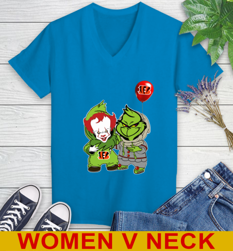 Cincinnati Bengals Baby Pennywise Grinch Christmas NFL Football Women's V-Neck T-Shirt 8
