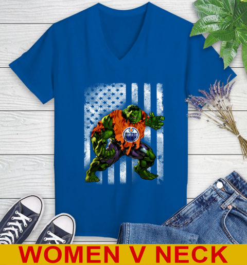 Edmonton Oilers Hulk Marvel Avengers NHL Hockey American Flag Women's V-Neck T-Shirt 9