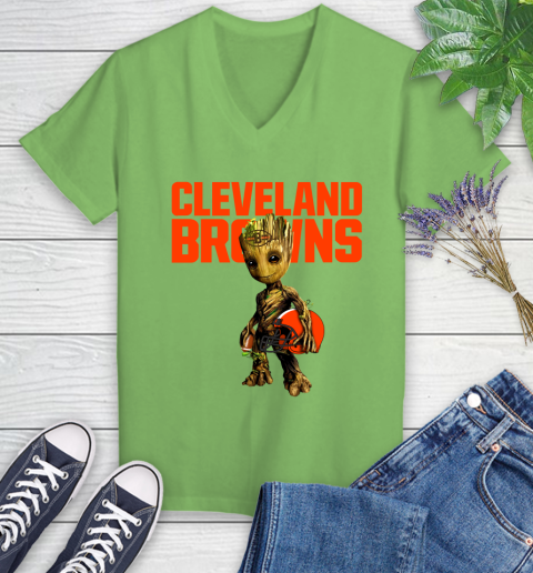 Cleveland Browns NFL Football Groot Marvel Guardians Of The Galaxy Women's V-Neck T-Shirt 11