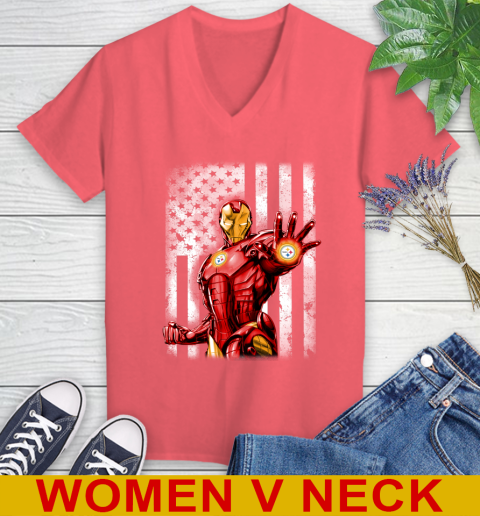 Pittsburgh Steelers NFL Football Iron Man Avengers American Flag Shirt Women's V-Neck T-Shirt 6