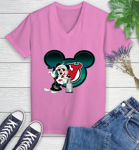 NHL New Jersey Devils Stanley Cup Mickey Mouse Disney Hockey T Shirt Women's V-Neck T-Shirt 14