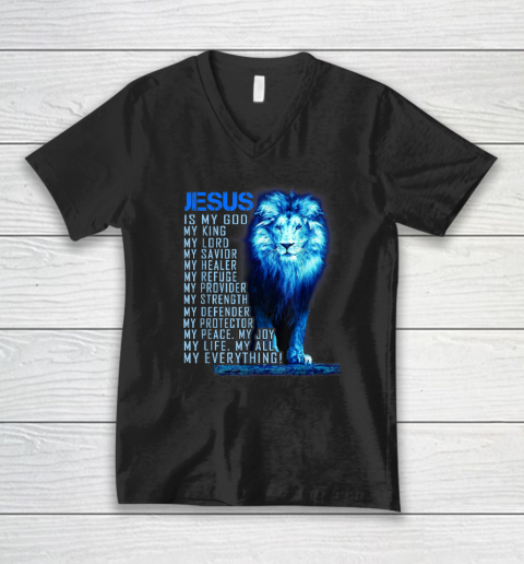 Jesus Is My God King My Lord My Savior Blue Lion Christian V-Neck T-Shirt