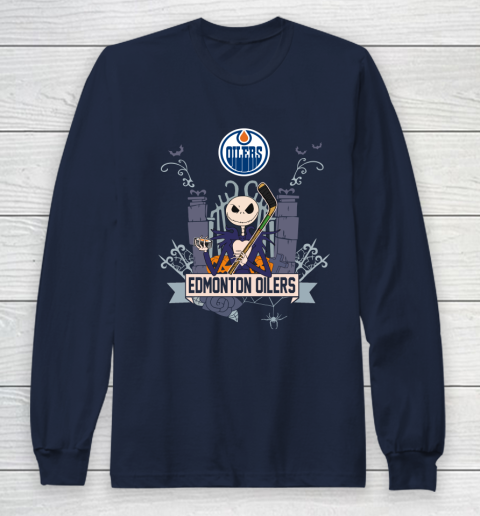 NHL Edmonton Oilers Hockey Jack Skellington Halloween Long Sleeve T-Shirt 2