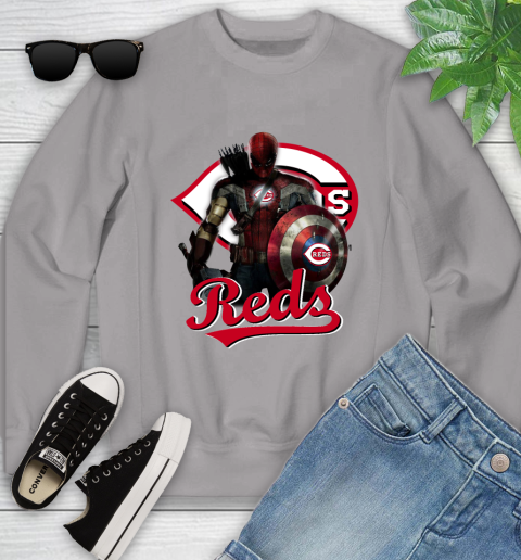 MLB Captain America Thor Spider Man Hawkeye Avengers Endgame Baseball Cincinnati Reds Youth Sweatshirt 4
