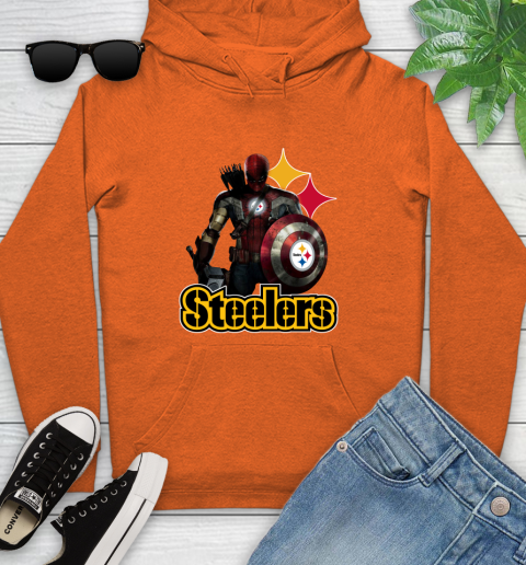NFL Captain America Thor Spider Man Hawkeye Avengers Endgame Football Pittsburgh Steelers Youth Hoodie 5