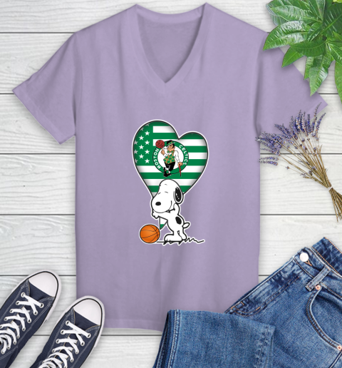 Boston Celtics NBA Basketball The Peanuts Movie Adorable Snoopy Women's V-Neck T-Shirt 14