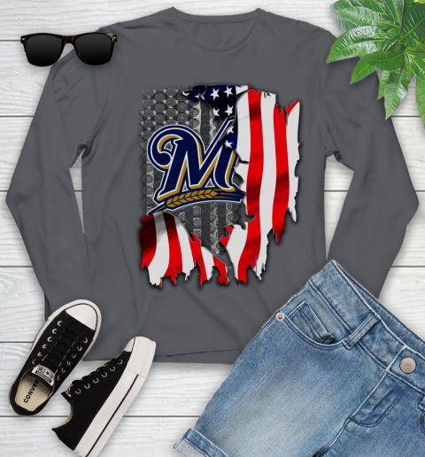 Milwaukee Brewers MLB Baseball American Flag Youth Long Sleeve 9