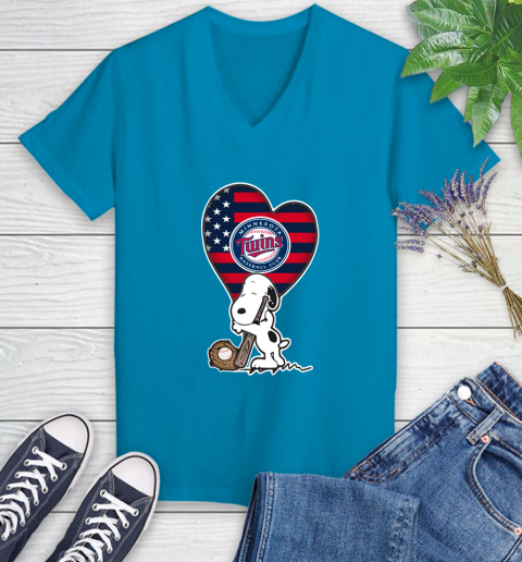 Minnesota Twins MLB Baseball The Peanuts Movie Adorable Snoopy Women's V-Neck T-Shirt 7