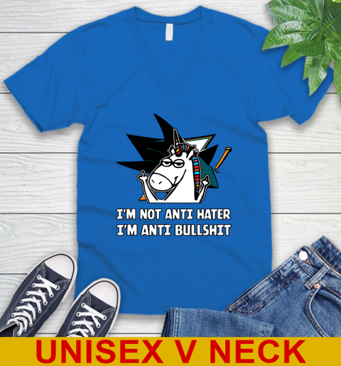 San Jose Sharks NHL Hockey Unicorn I'm Not Anti Hater I'm Anti Bullshit V-Neck T-Shirt 6