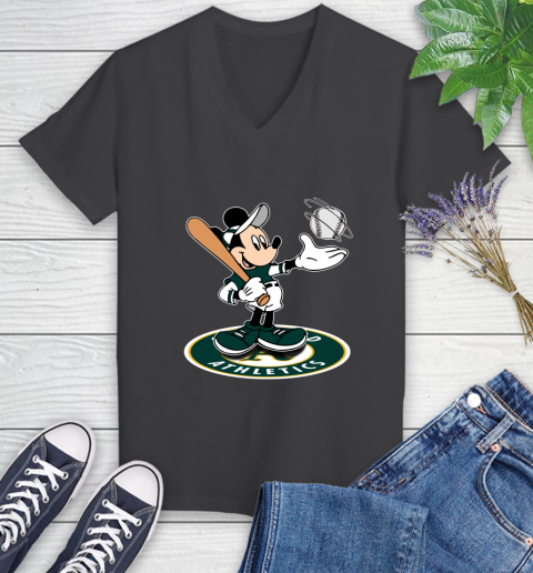 MLB Baseball Oakland Athletics Cheerful Mickey Disney Shirt Women's V-Neck T-Shirt 7