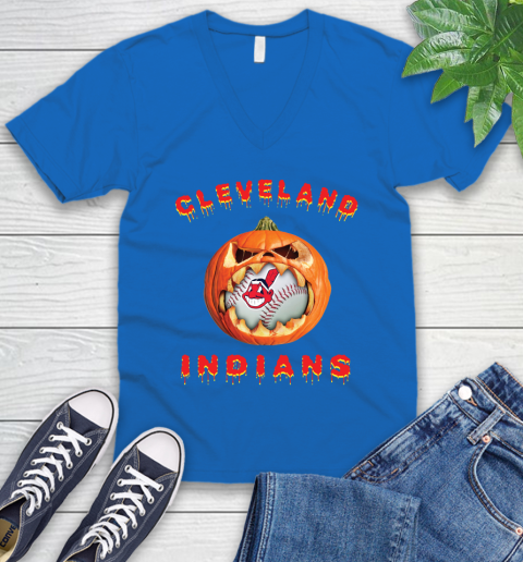 MLB Cleveland Indians Halloween Pumpkin Baseball Sports V-Neck T-Shirt 6