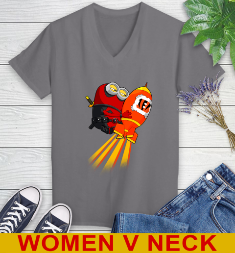 NFL Football Cincinnati Bengals Deadpool Minion Marvel Shirt Women's V-Neck T-Shirt 11