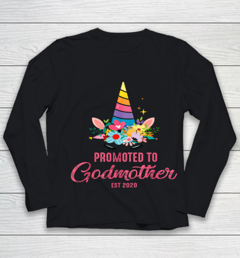 Womens Promoted To Godmother 2020 Costume Unicorn Baby Shower Gift Youth Long Sleeve
