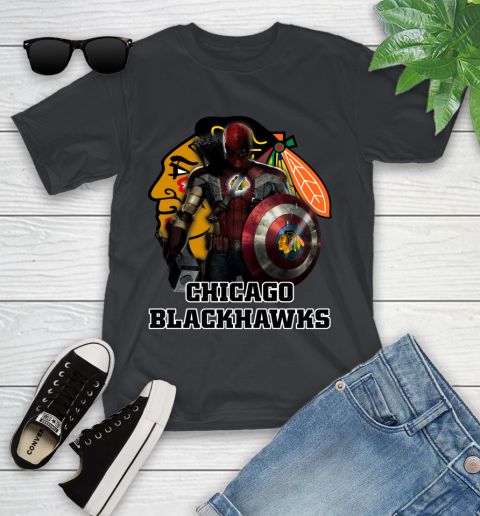 NHL Captain America Thor Spider Man Hawkeye Avengers Endgame Hockey Chicago Blackhawks Youth T-Shirt 2