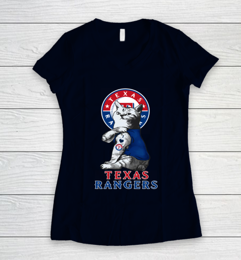 MLB Baseball My Cat Loves Texas Rangers Women's V-Neck T-Shirt 2