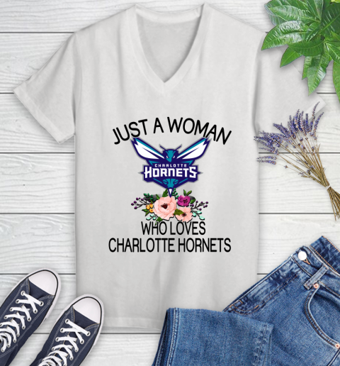 NBA Just A Woman Who Loves Charlotte Hornets Basketball Sports Women's V-Neck T-Shirt
