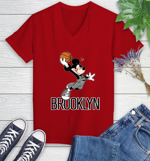 NBA Basketball Brooklyn Nets Cheerful Mickey Mouse Shirt Women's V-Neck T-Shirt 10