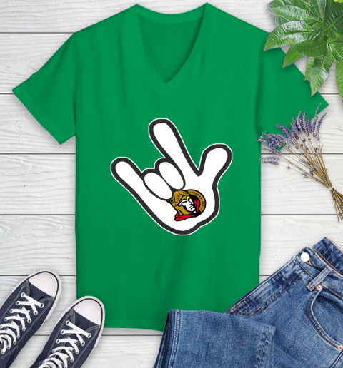 Ottawa Senators NHL Hockey Mickey Rock Hand Disney Women's V-Neck T-Shirt 5