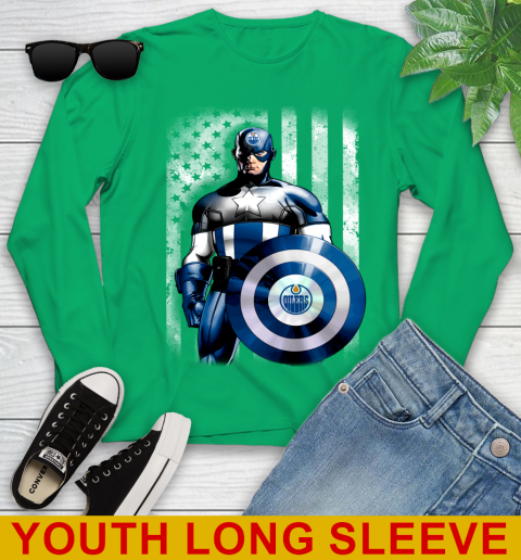 Edmonton Oilers NHL Hockey Captain America Marvel Avengers American Flag Shirt Youth Long Sleeve 7