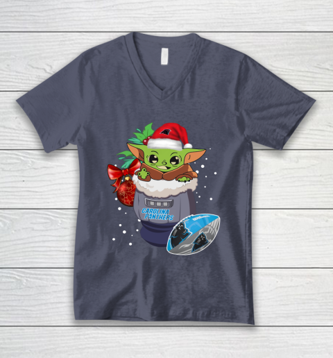 Carolina Panthers Christmas Baby Yoda Star Wars Funny Happy NFL V-Neck T-Shirt 8