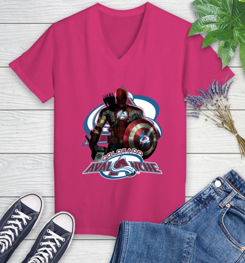 NHL Captain America Thor Spider Man Hawkeye Avengers Endgame Hockey Colorado Avalanche Women's V-Neck T-Shirt 9