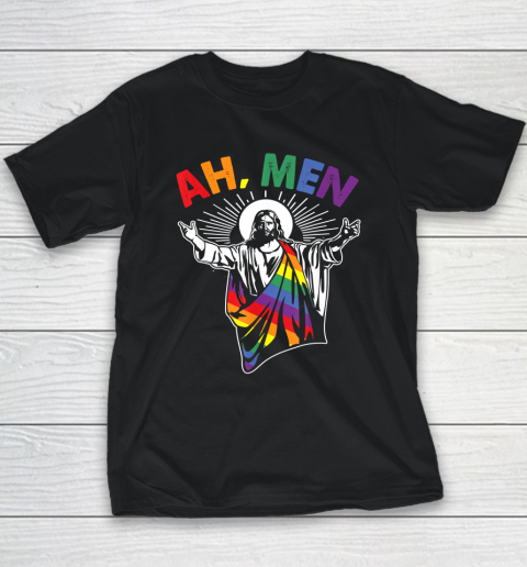 Ah Men Funny LGBT Gay Pride Jesus Rainbow Flag Christian Youth T-Shirt