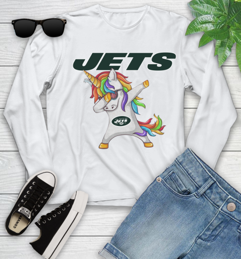 New York Jets NFL Football Funny Unicorn Dabbing Sports Youth Long Sleeve