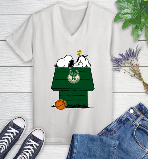 Milwaukee Bucks NBA Basketball Snoopy Woodstock The Peanuts Movie Women's V-Neck T-Shirt