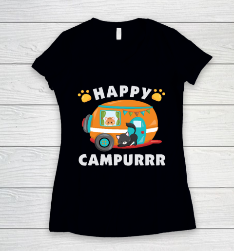 Happy Campurrr Camping With Cats RV Glamping Designs Women's V-Neck T-Shirt