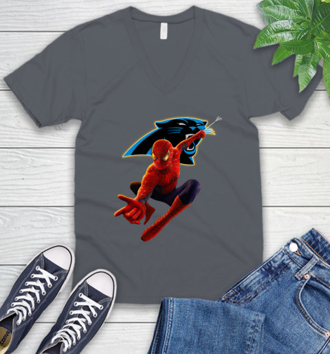 NFL Spider Man Avengers Endgame Football Carolina Panthers V-Neck T-Shirt 5