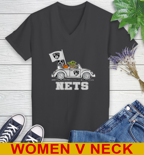 NBA Basketball Brooklyn Nets Darth Vader Baby Yoda Driving Star Wars Shirt Women's V-Neck T-Shirt 9