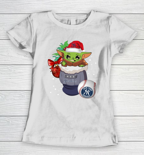 New York Yankees Christmas Baby Yoda Star Wars Funny Happy MLB Women's T-Shirt 3