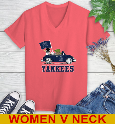 MLB Baseball New York Yankees Darth Vader Baby Yoda Driving Star Wars Shirt Women's V-Neck T-Shirt 7