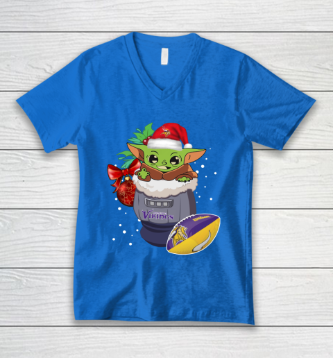 Minnesota Vikings Christmas Baby Yoda Star Wars Funny Happy NFL V-Neck T-Shirt 6