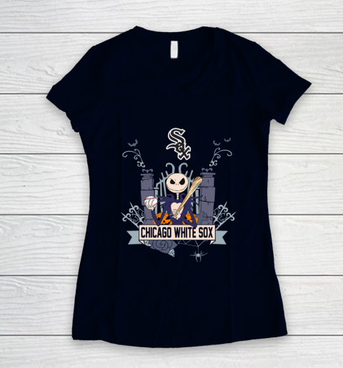 MLB Chicago White Sox Baseball Jack Skellington Halloween Women's V-Neck T-Shirt 2