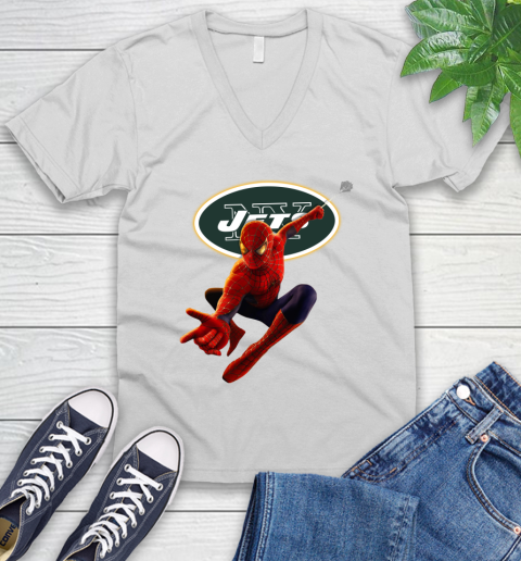 NFL Spider Man Avengers Endgame Football New York Jets V-Neck T-Shirt