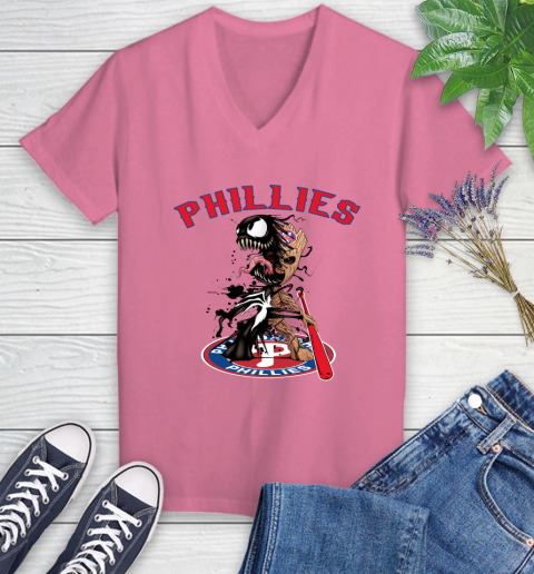 MLB Philadelphia Phillies Baseball Venom Groot Guardians Of The Galaxy Women's V-Neck T-Shirt 13