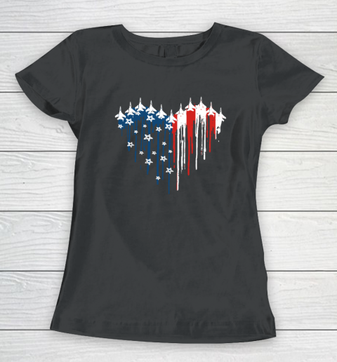 Retro Fighter Jet Airplane American Flag Heart 4th Of July Women's T-Shirt
