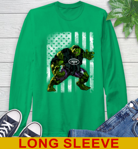 New York Jets Hulk Marvel Avengers NFL Football American Flag Long Sleeve T-Shirt 8