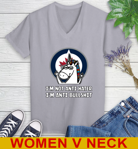 Winnipeg Jets NHL Hockey Unicorn I'm Not Anti Hater I'm Anti Bullshit Women's V-Neck T-Shirt 5