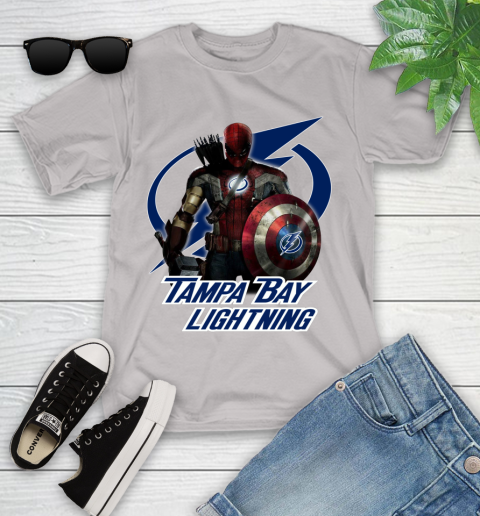 NHL Captain America Thor Spider Man Hawkeye Avengers Endgame Hockey Tampa Bay Lightning Youth T-Shirt 12