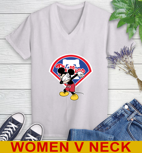 Philadelphia Phillies MLB Baseball Dabbing Mickey Disney Sports Women's V-Neck T-Shirt