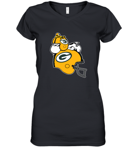 Snoopy And Woodstock Resting On Green Bay Packers Helmet Women's V-Neck T-Shirt