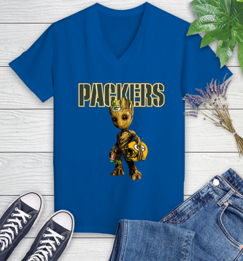 Green Bay Packers NFL Football Groot Marvel Guardians Of The Galaxy Women's V-Neck T-Shirt 10