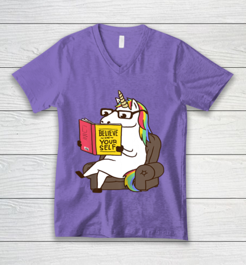 Unicorn Shirt Believe in Yourself Motivational Book Lover V-Neck T-Shirt 9