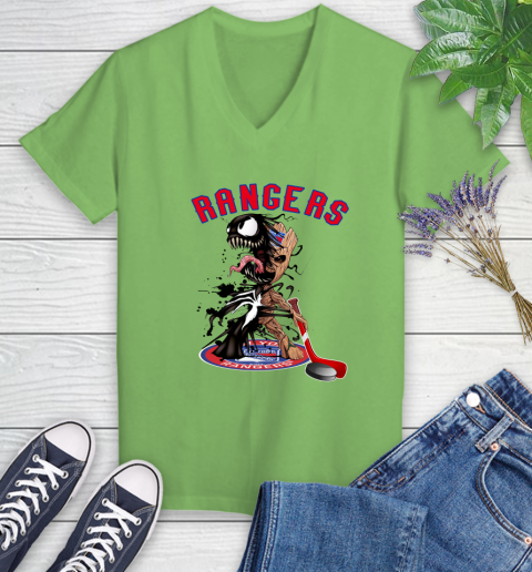 NHL New York Rangers Hockey Venom Groot Guardians Of The Galaxy Women's V-Neck T-Shirt 11
