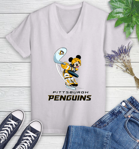 NHL Hockey Pittsburgh Penguins Cheerful Mickey Mouse Shirt Women's V-Neck T-Shirt 2