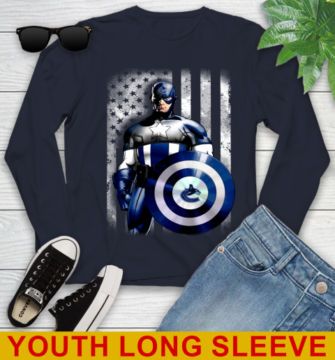 Vancouver Canucks NHL Hockey Captain America Marvel Avengers American Flag Shirt Youth Long Sleeve 3 Vancouver Canucks NHL Hockey Captain America Marvel Avengers American Flag Shirt Youth Long Sleeve - Image 3