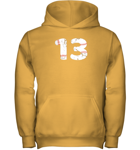 yk0n number 13 baseball vintage distressed team youth hoodie 43 front gold