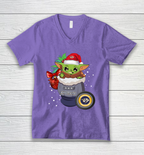 Nashville Predators Christmas Baby Yoda Star Wars Funny Happy NHL V-Neck T-Shirt 9